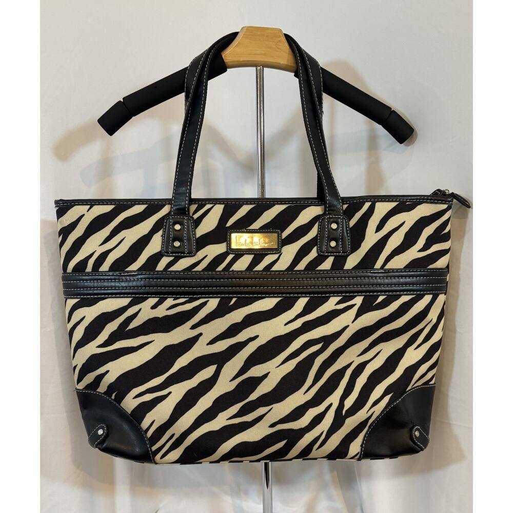 Nicole Miller Zebra Print Tote Bag Large Canvas‎ Work Travel Purse Black Cream